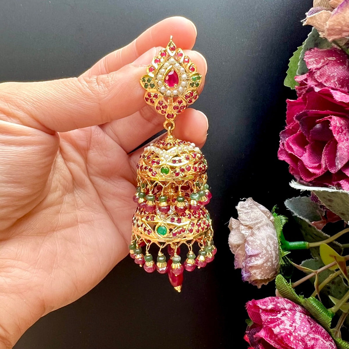 long indian gold plated jhumka