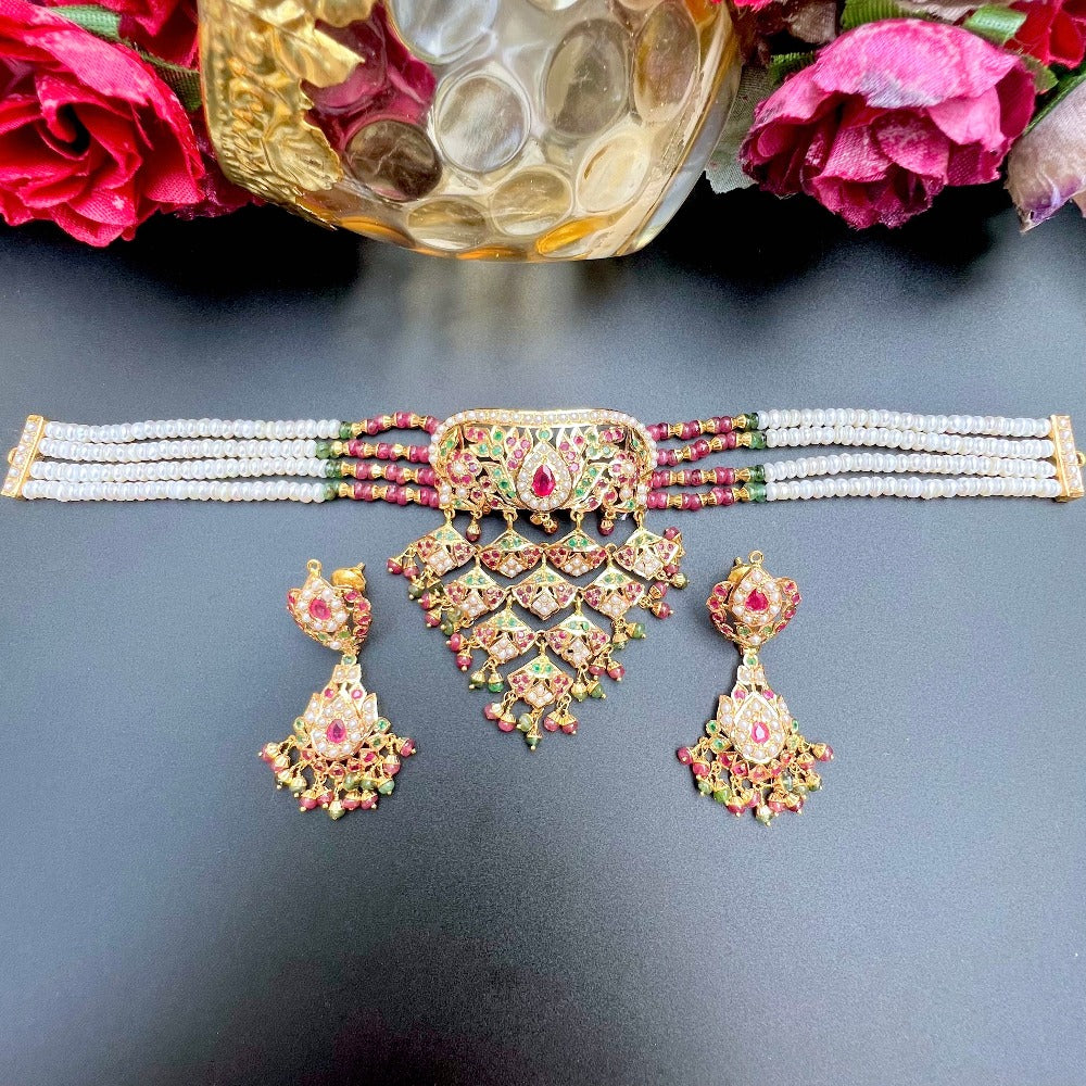 ruby emerald hyderabadi choker set gold