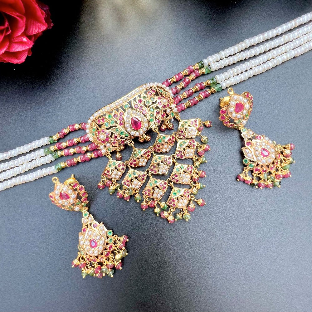 ruby emerald hyderabadi choker set gold