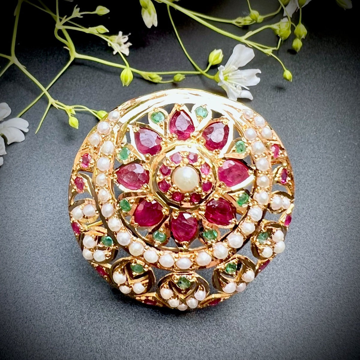 Gold Cocktail Ring Studded with Rubies, Emeralds and Pearls GLR 013