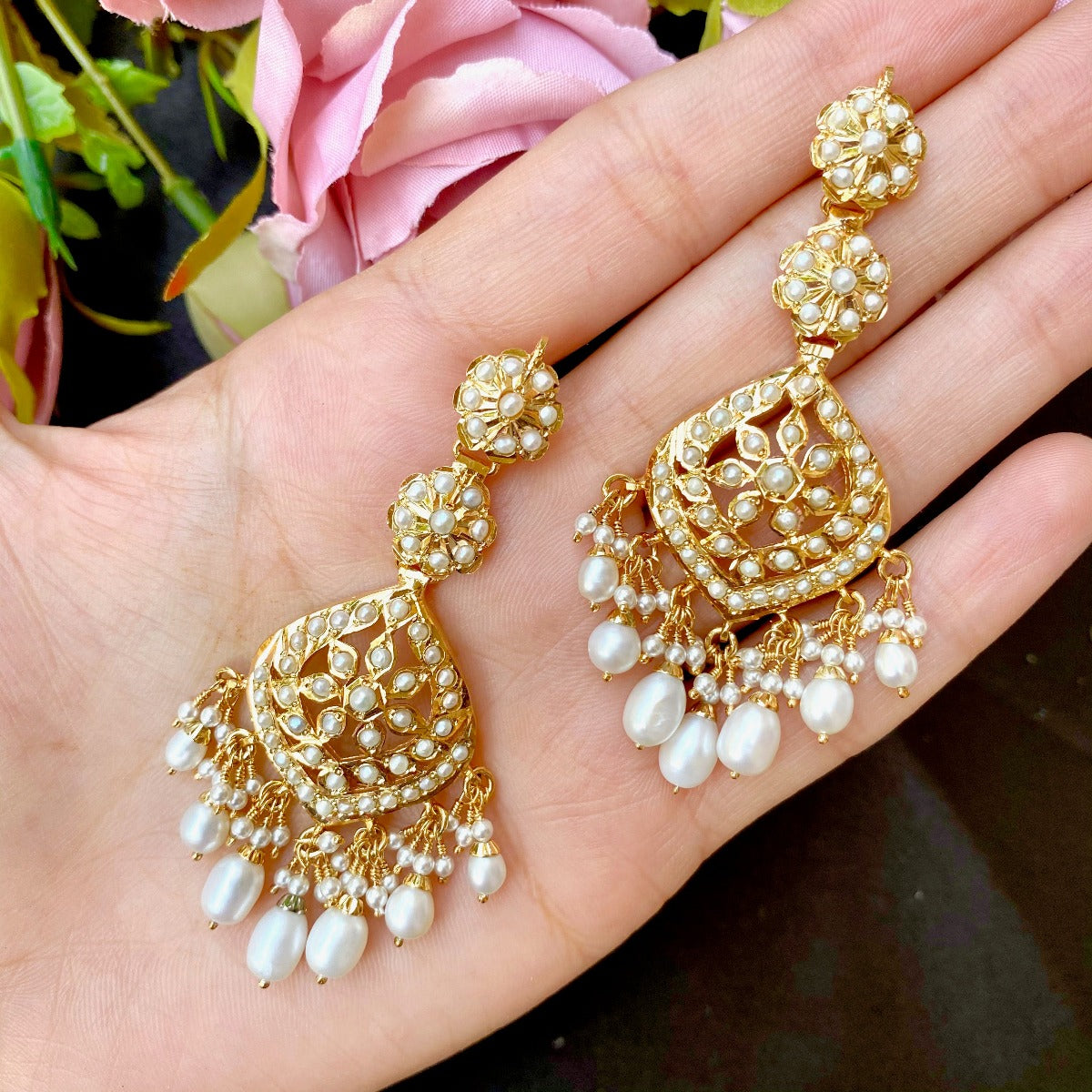 long pearl danglers with gold plating