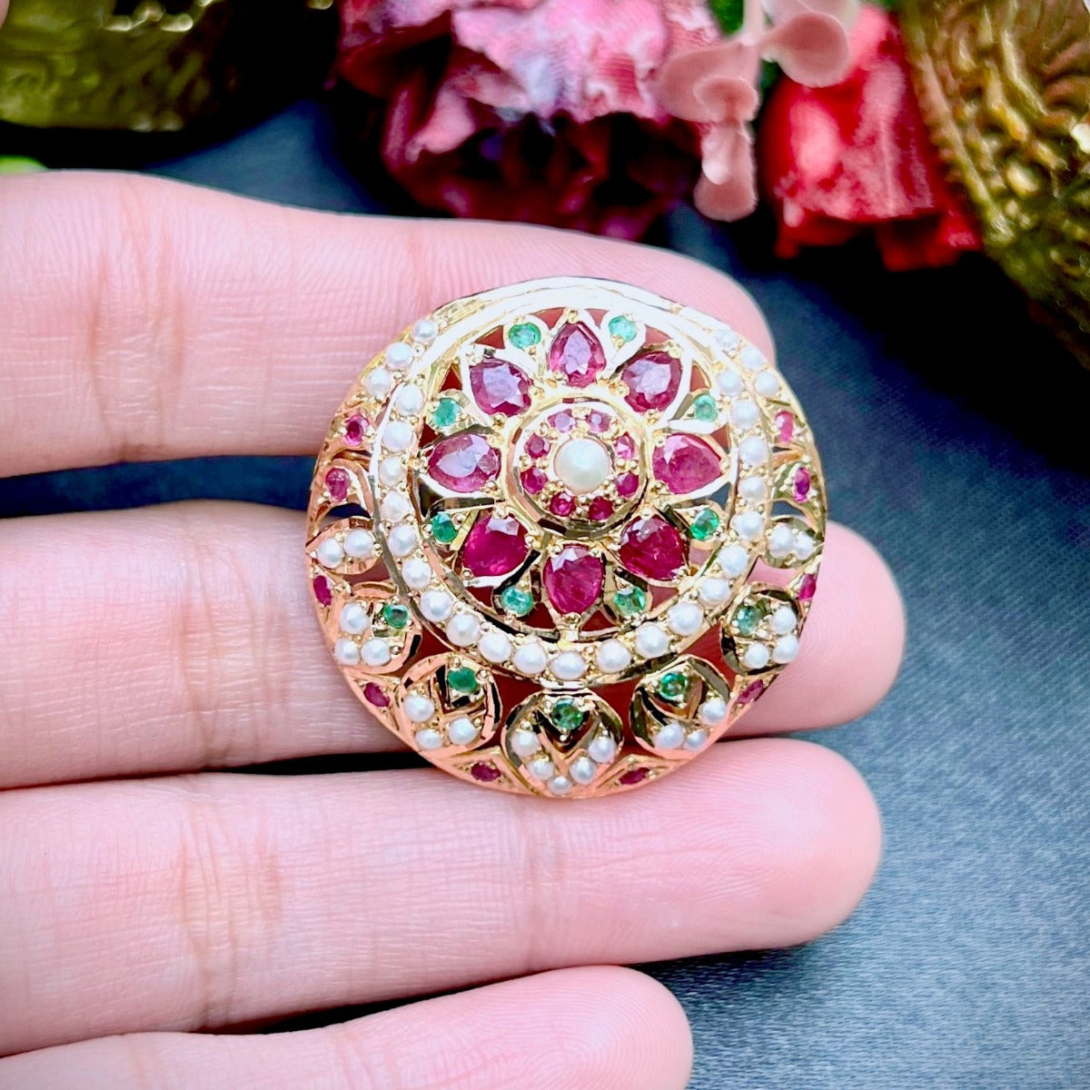 Gold Cocktail Ring Studded with Rubies, Emeralds and Pearls GLR 013