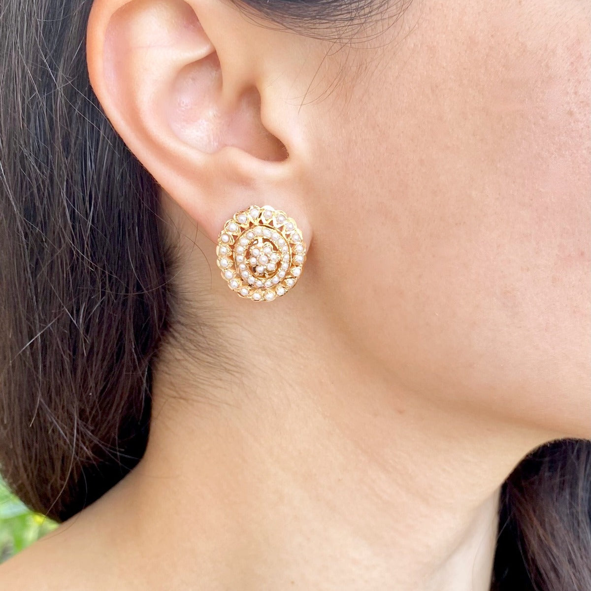 pearl studs on gold for ladies 22k gold earrings with precious pearls rudradhan