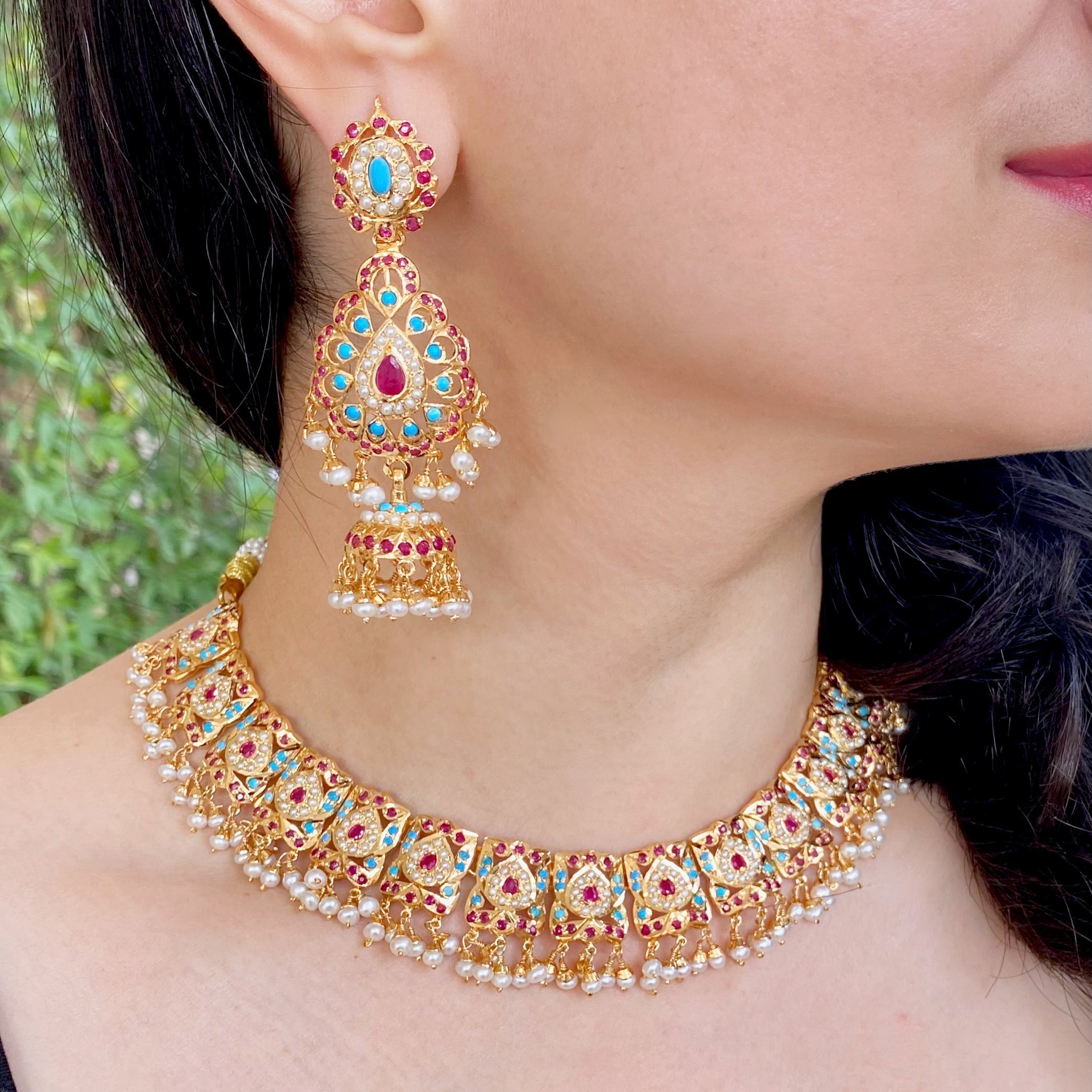 Multicoloured Jadau Necklace Set | Traditional Jadau Necklace with Jhumkas NS 256A