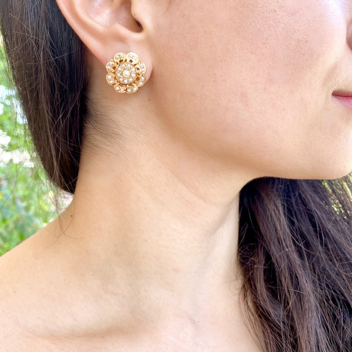 Flower Patterned Pearl Tops In 22K Gold GER 030