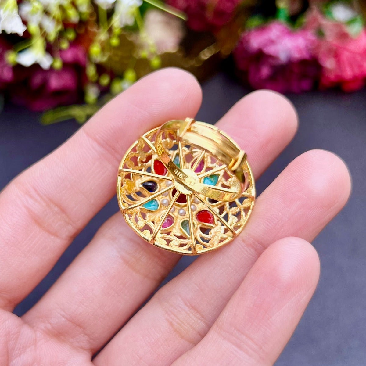 Navratana Cocktail Ring in 22k Gold GLR 026