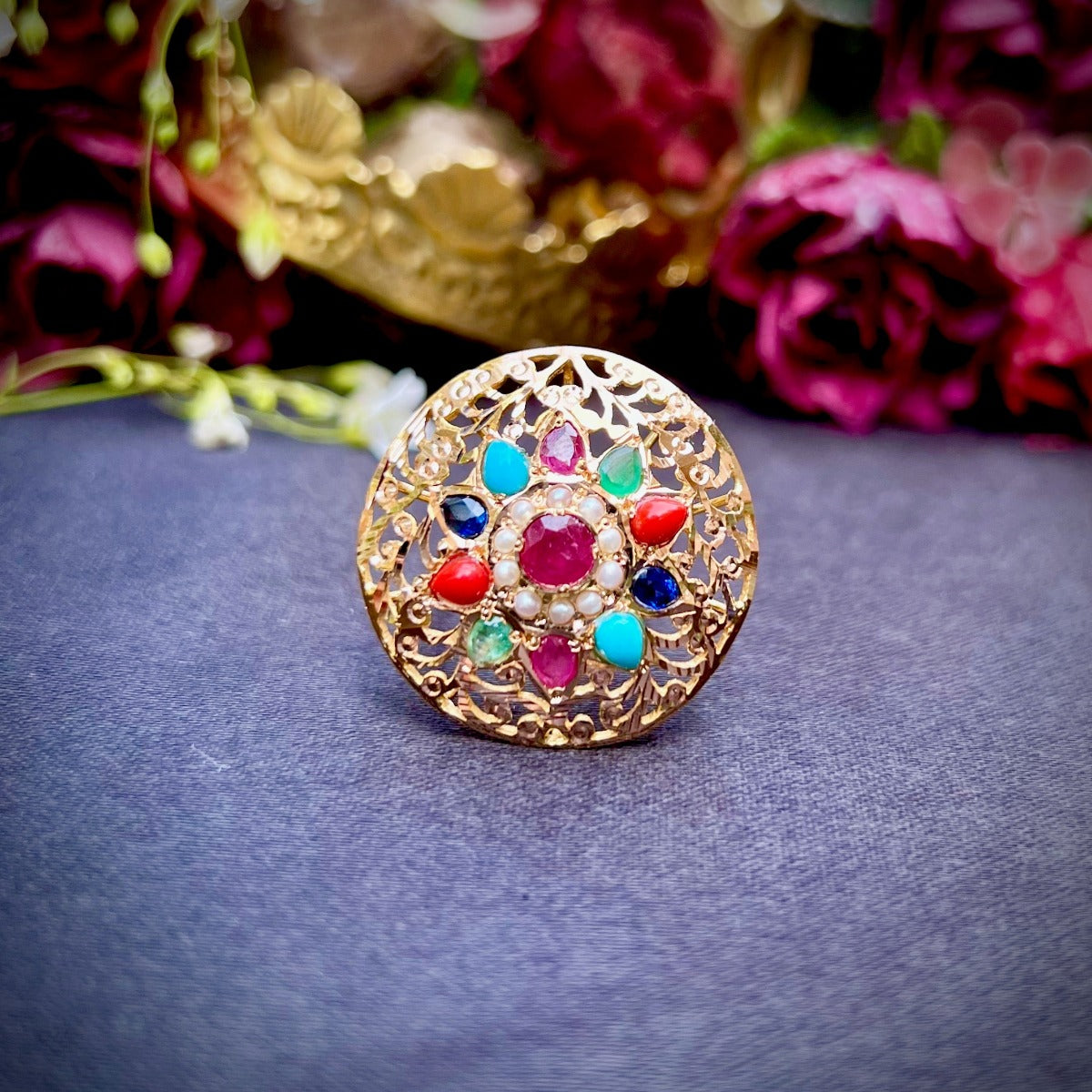 Navratana Cocktail Ring in 22k Gold GLR 026