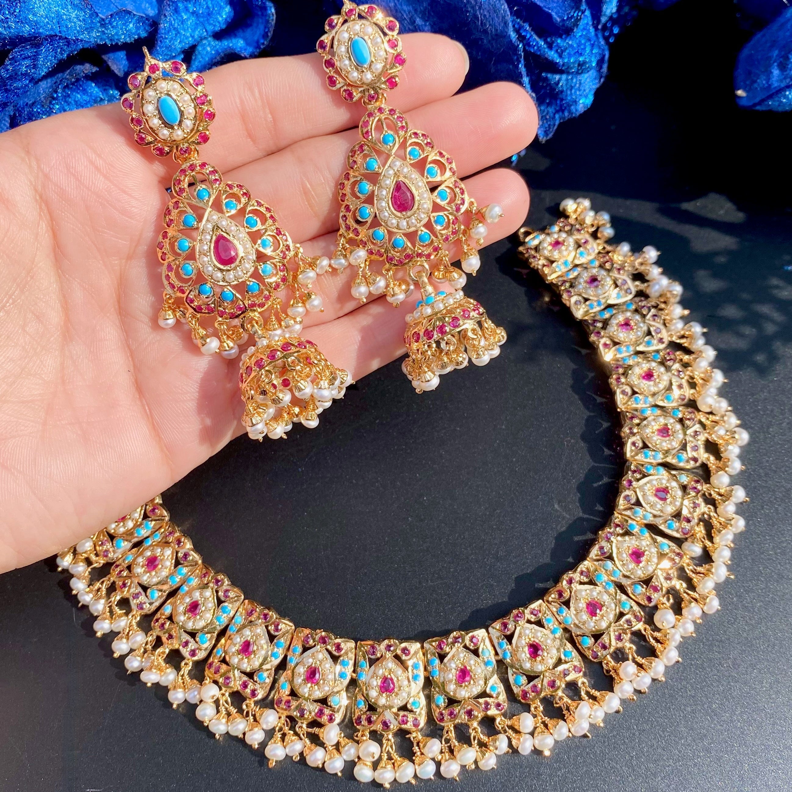 Multicoloured Jadau Necklace Set | Traditional Jadau Necklace with Jhumkas NS 256A