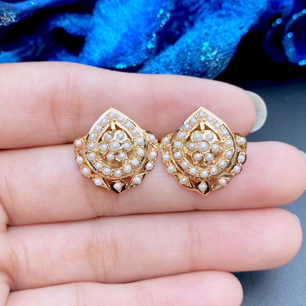 delicate stud earrings for women pearl studs in 22k gold rudradhan