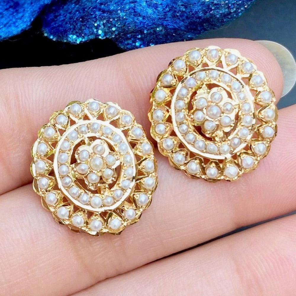 pearl studs on gold for ladies 22k gold earrings with precious pearls rudradhan