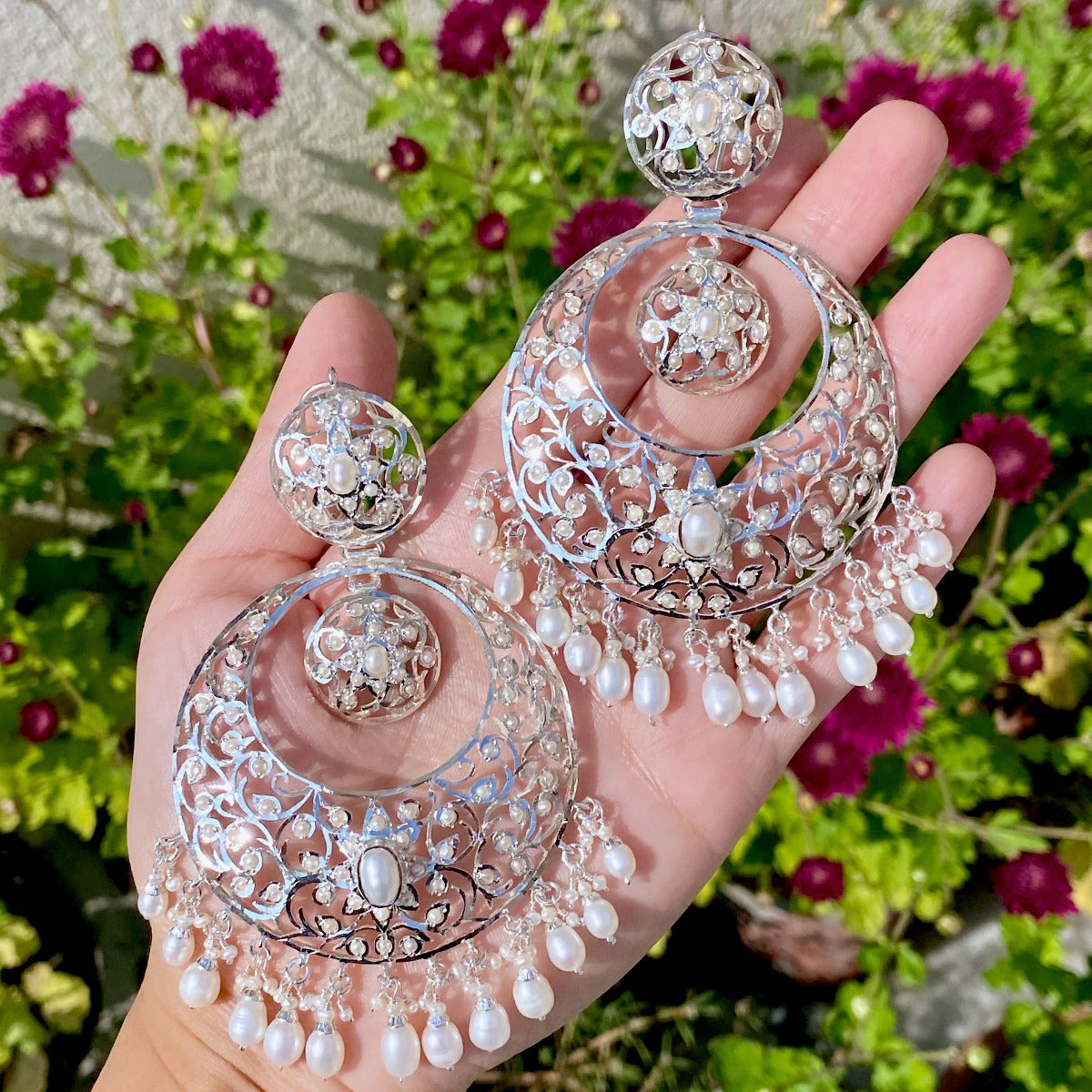 large pearl chandbali earrings for women