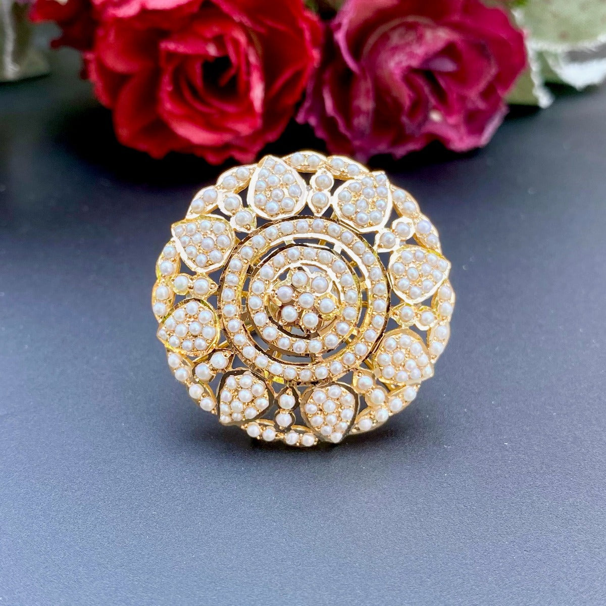 statement cocktail pearl jadau ring in 22k gold