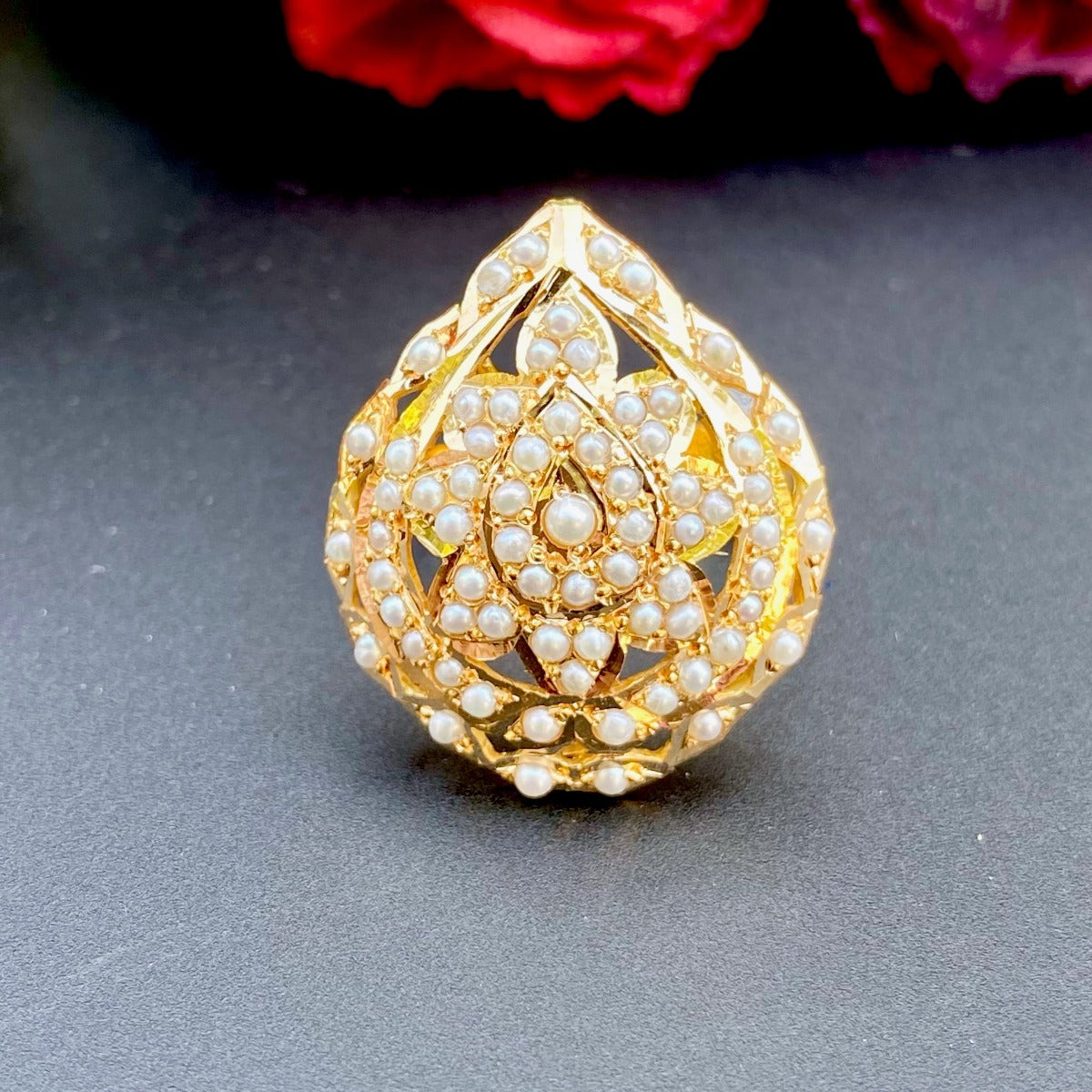 Drop Shaped Pearl Jadau Ring in 22k Gold GLR 042