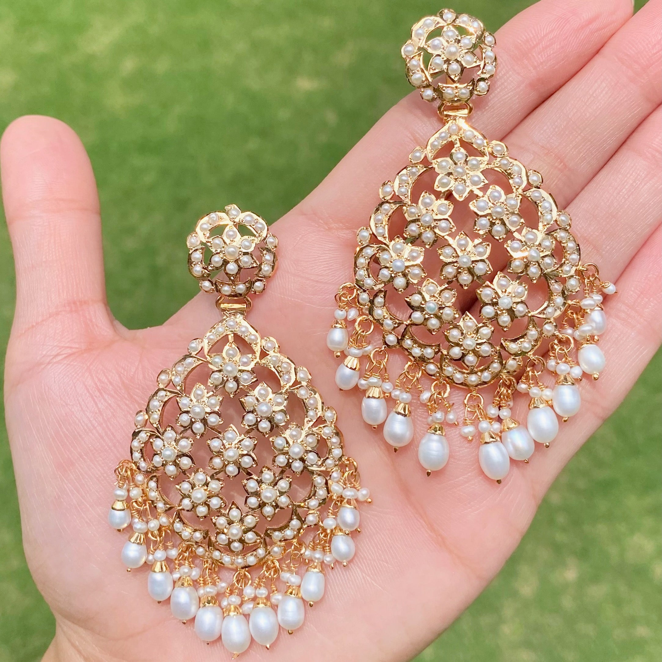 Floral Pearl Danglers | Statement Jadau Earrings | Gold Plated on Silver ER 639