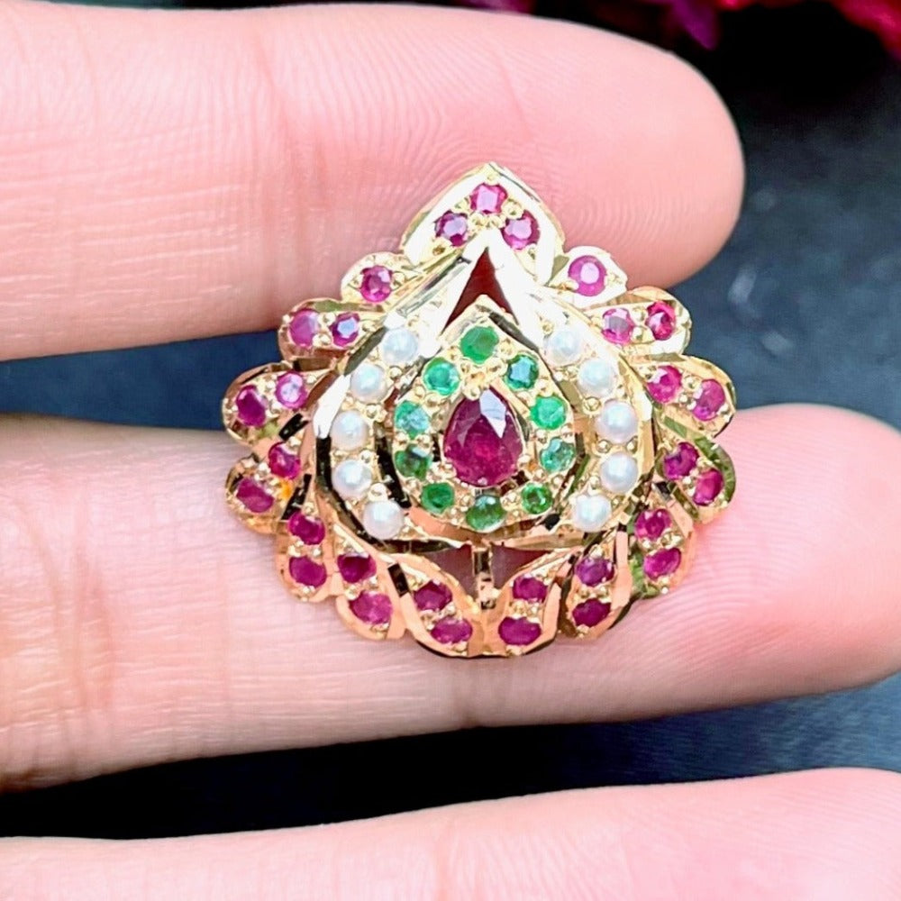 Ruby Emerald Pearl Jadau Ladies Ring in 916 Gold GLR 023