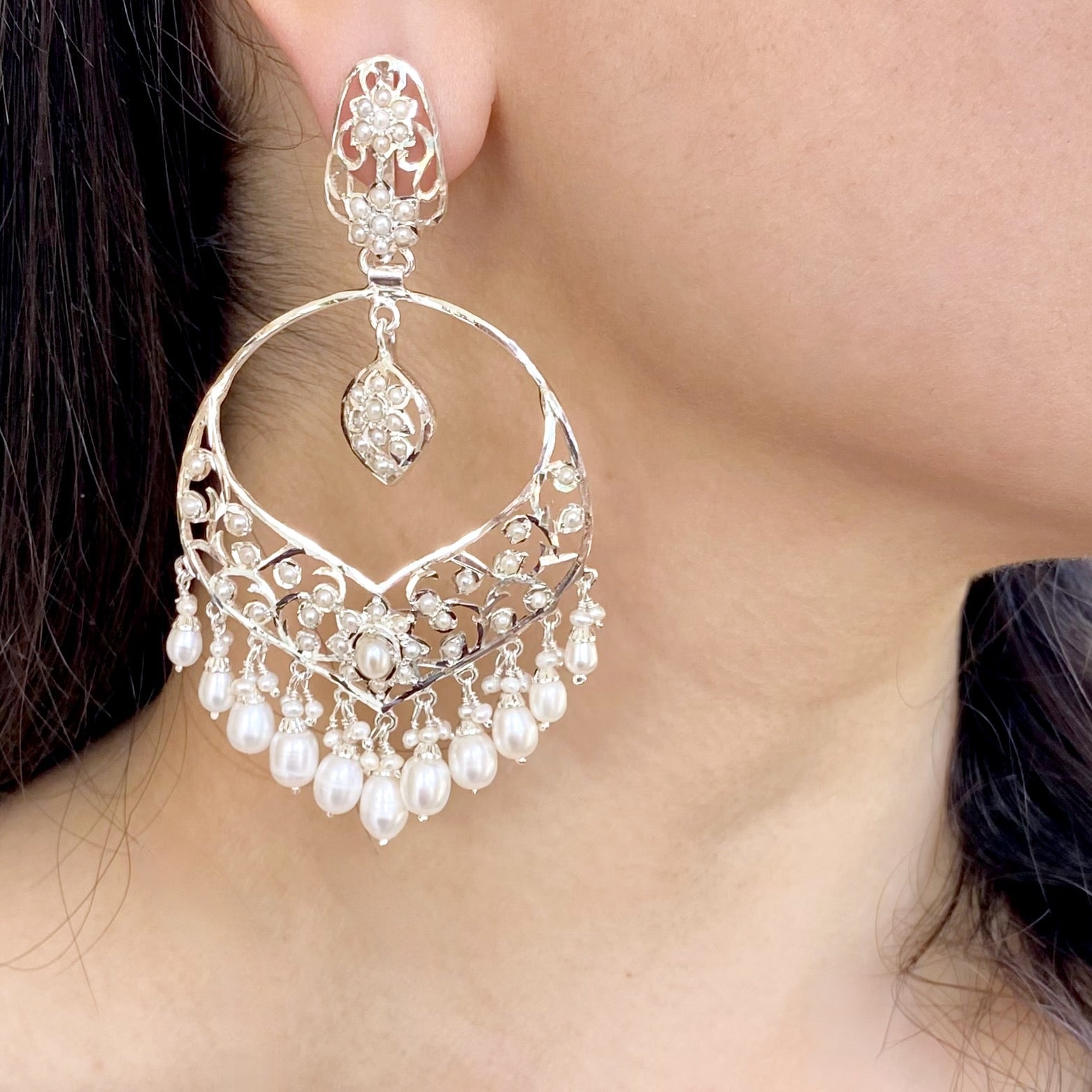 White Silver Chandbali Earrings | Modern Silver Earrings Design SER 036