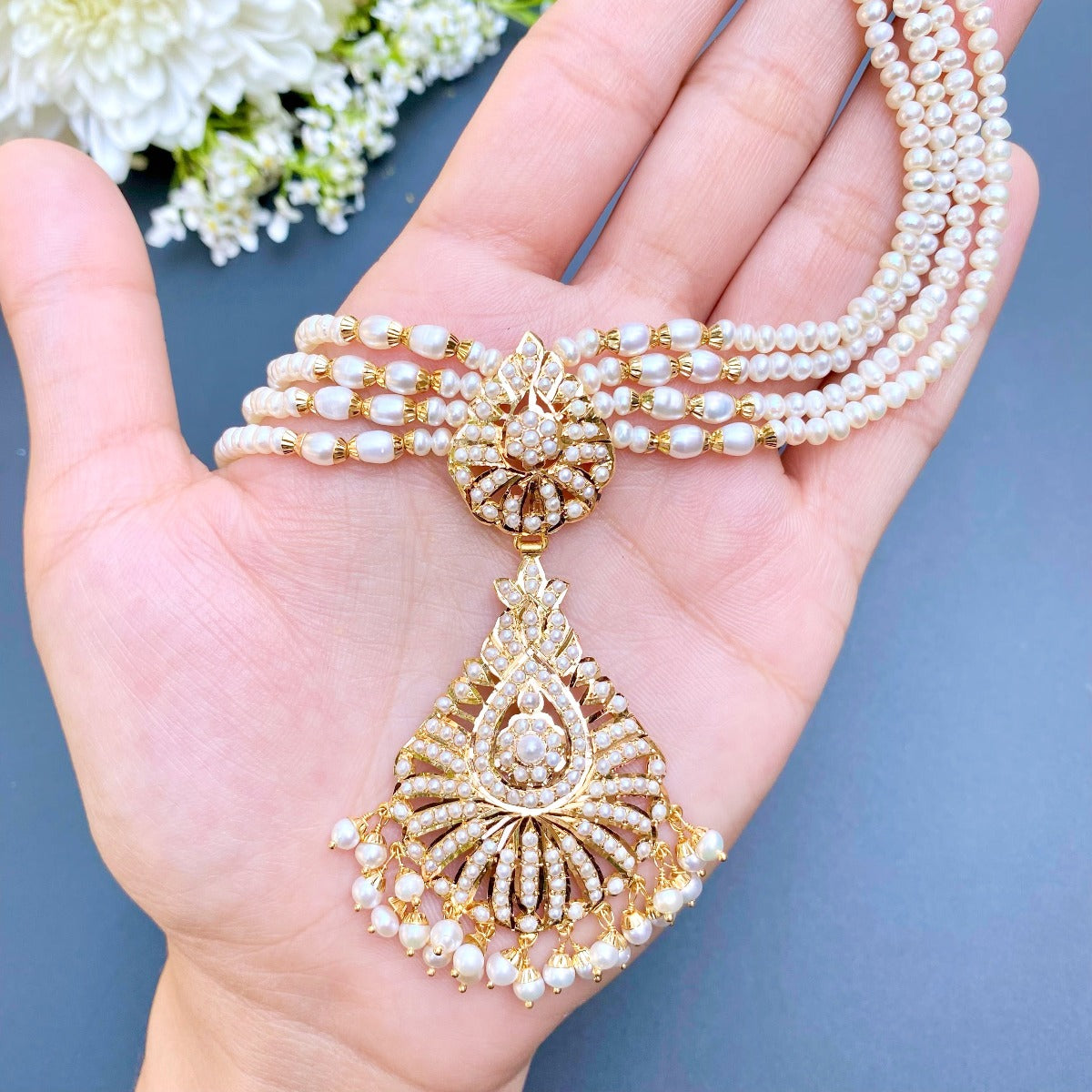 festive wear layered pearl necklace 22k gold rudradhan