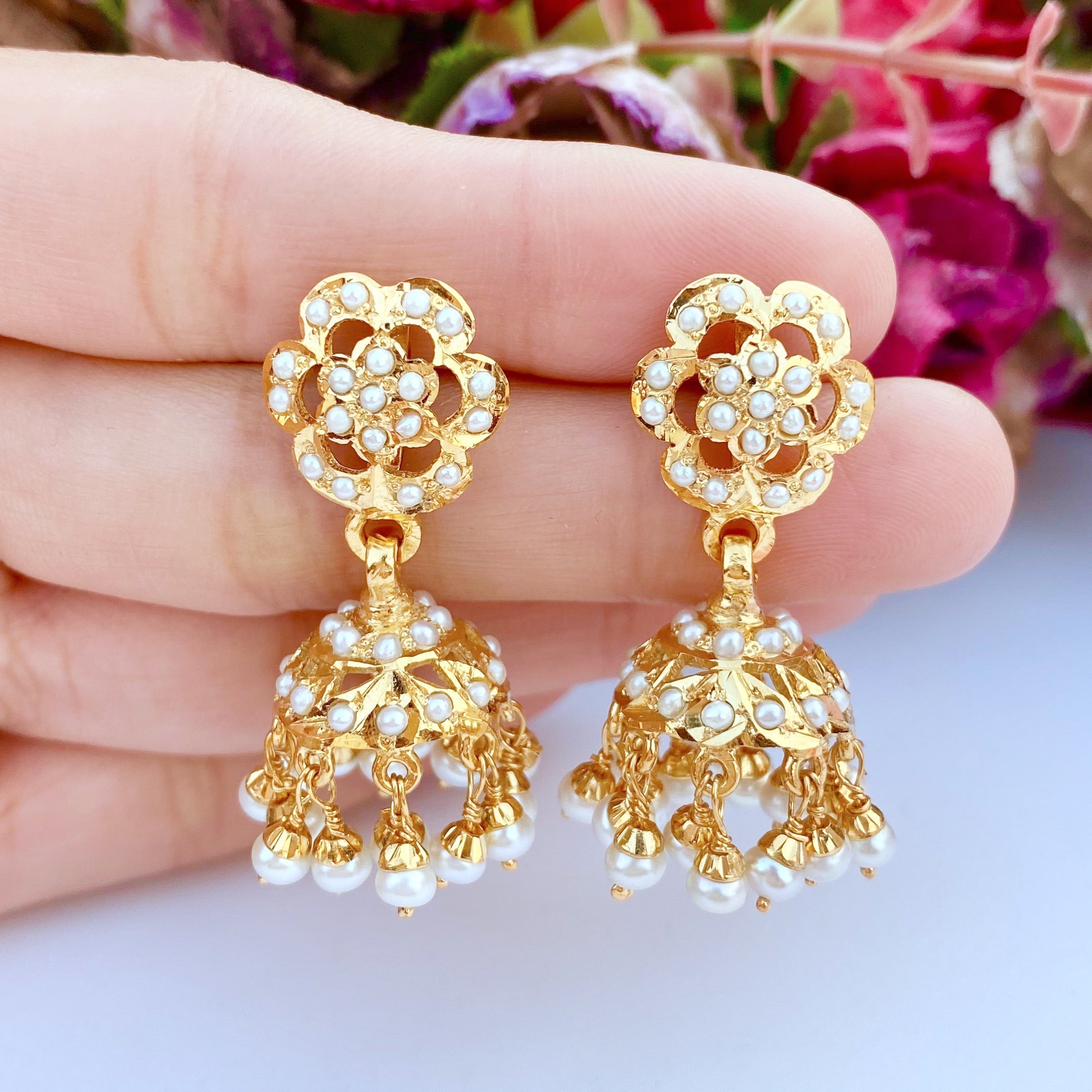 Gold Polished Silver Jhumkas Studded with Pearls | Small Dainty Design ER 378J