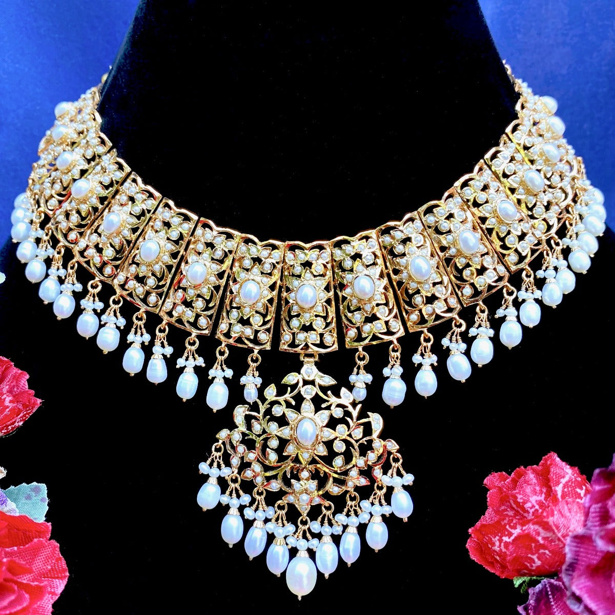 Gold Plated Pearl Bridal Necklace Set in Silver NS 057