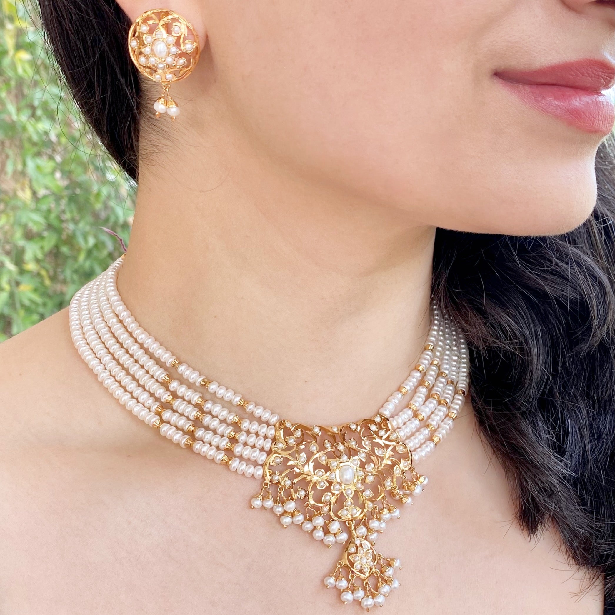 Multi Strand Pearl Necklace With Studs | Layered Choker Set | Indian Sitarami Set NS 245