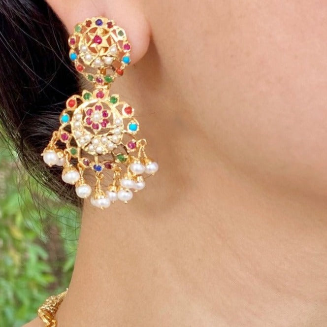 Dainty Navaratna Earrings | Partywear Jadau Earrings ER 262E