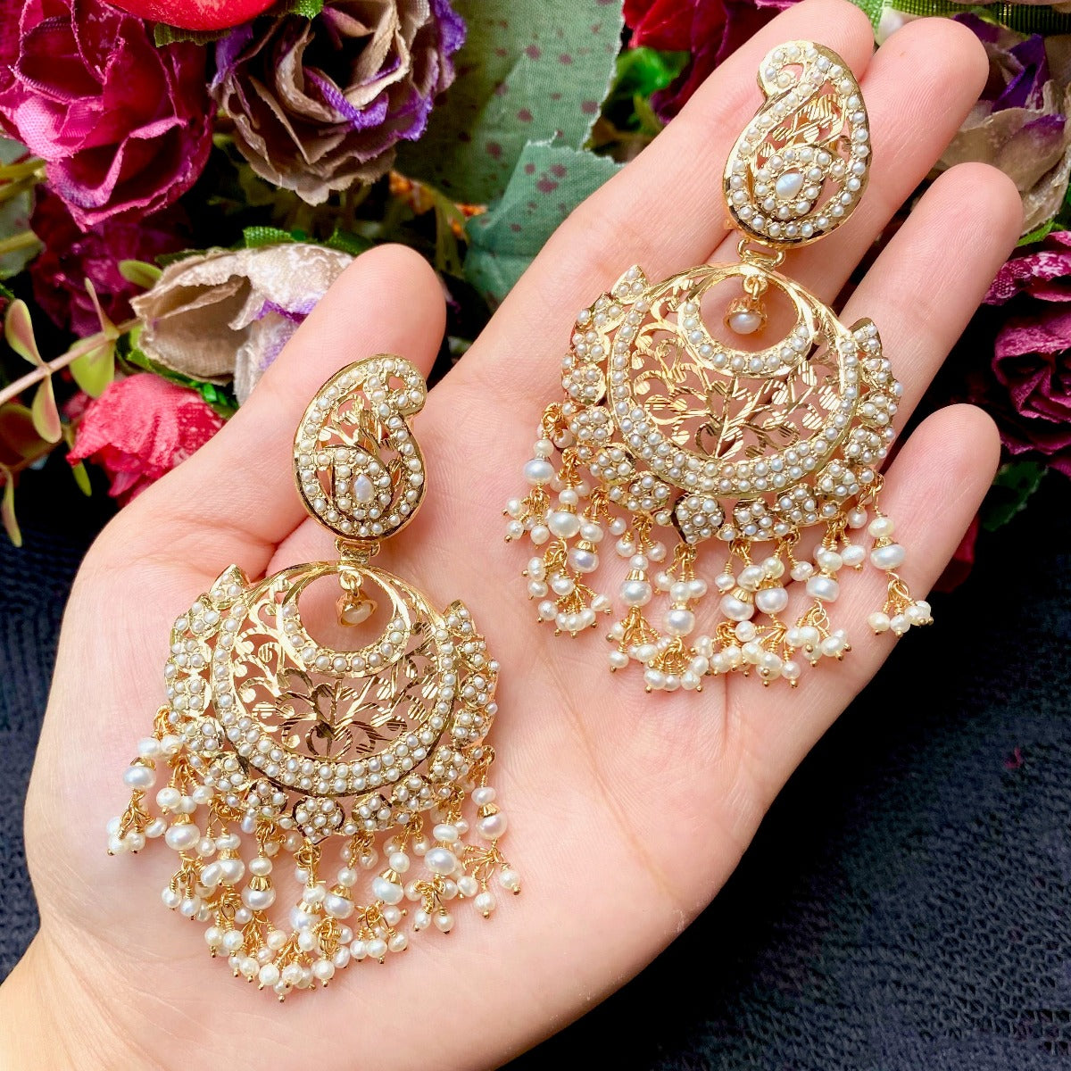 pearl chandbalis with gold plating