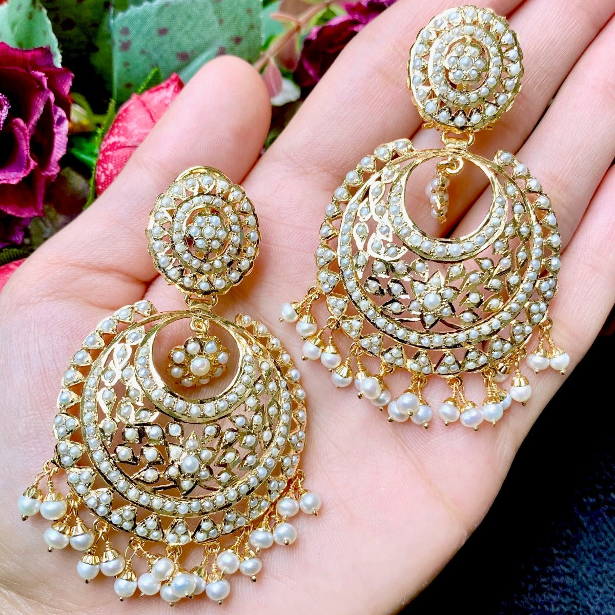 oversized gold plated chandbali in pearls