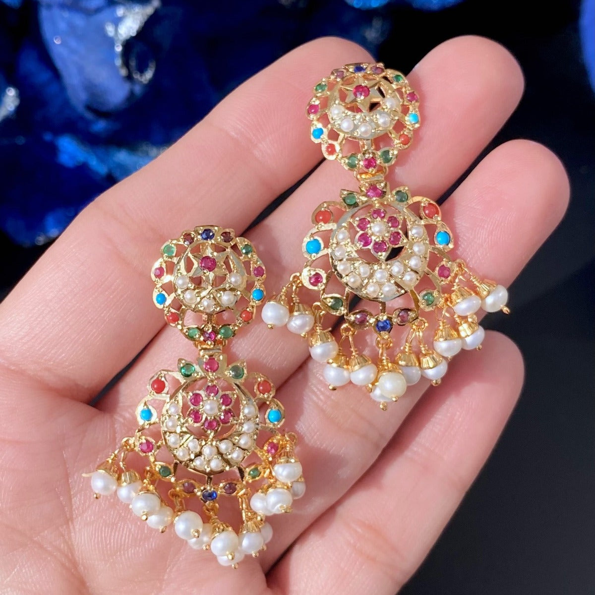 Dainty Navaratna Earrings | Partywear Jadau Earrings ER 262E