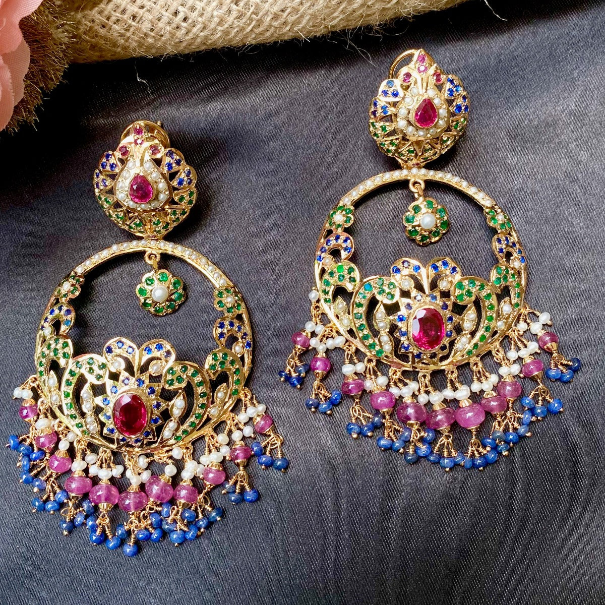 statement gold plated antique chandbalis in red blue and green colors