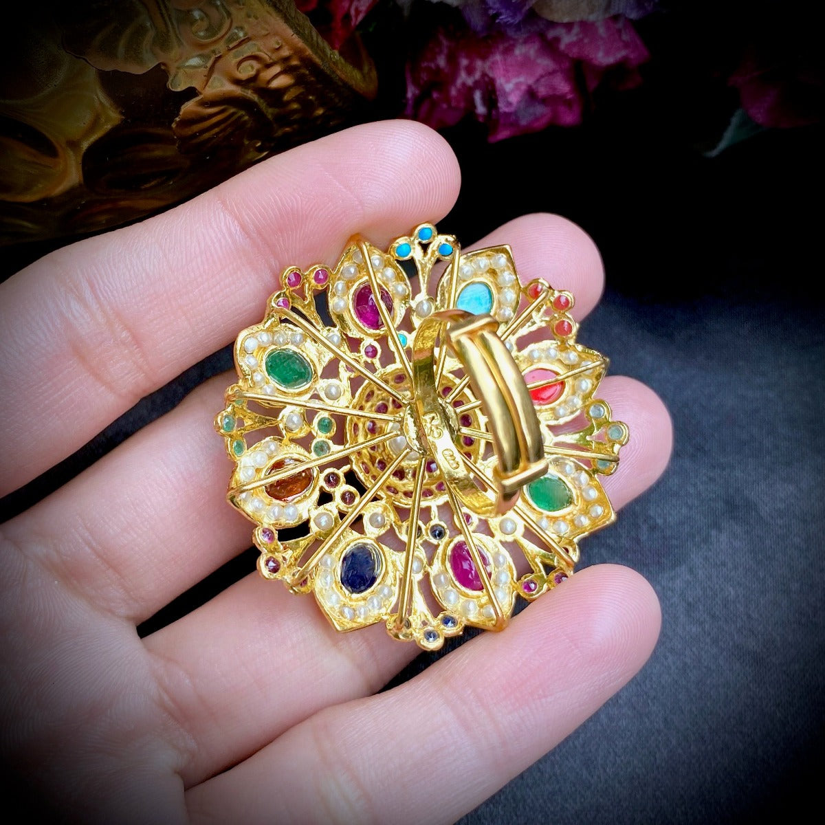 adjustable gold ring in navratna colors