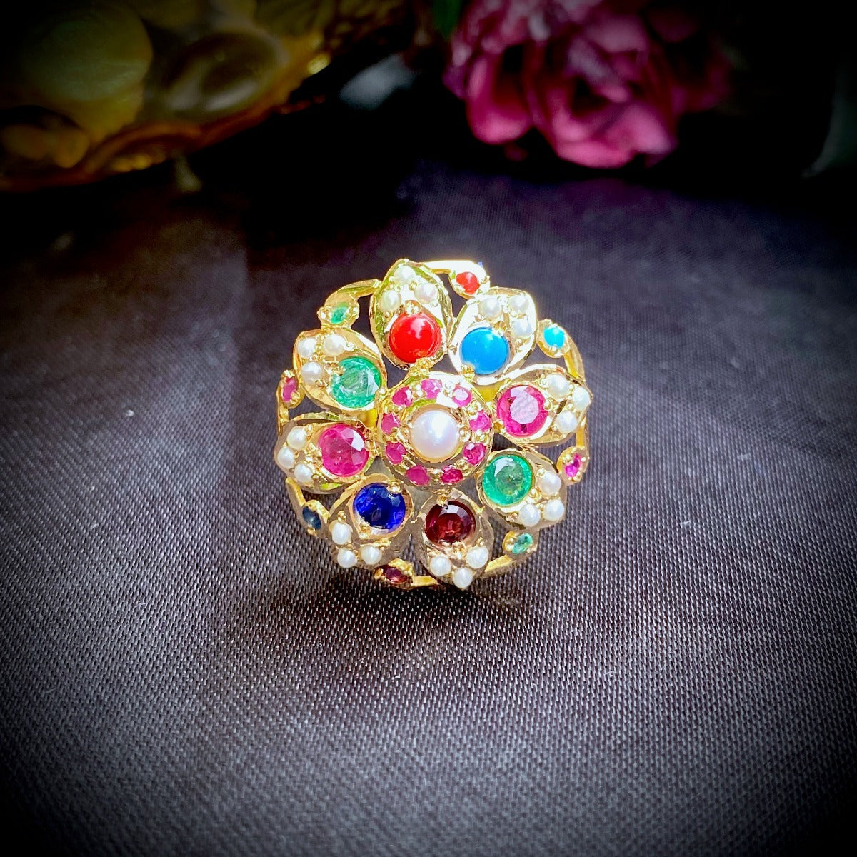 Jadau Cocktail Ring in 22k in Navrattan Colors Gold GLR 006