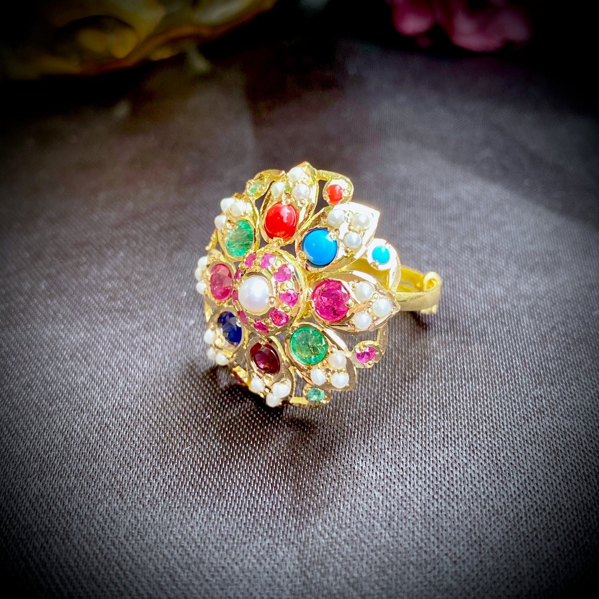 Jadau Cocktail Ring in 22k in Navrattan Colors Gold GLR 006