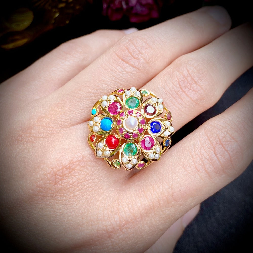 Jadau Cocktail Ring in 22k in Navrattan Colors Gold GLR 006