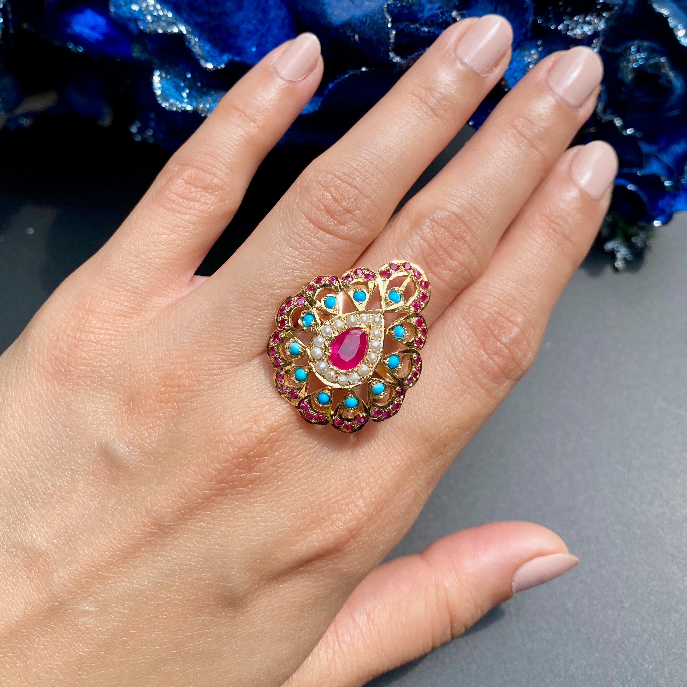 Buy Gold Plated Silver Jewelry Online | Ruby Pearl Turquoise Cocktail Ring  LR 038