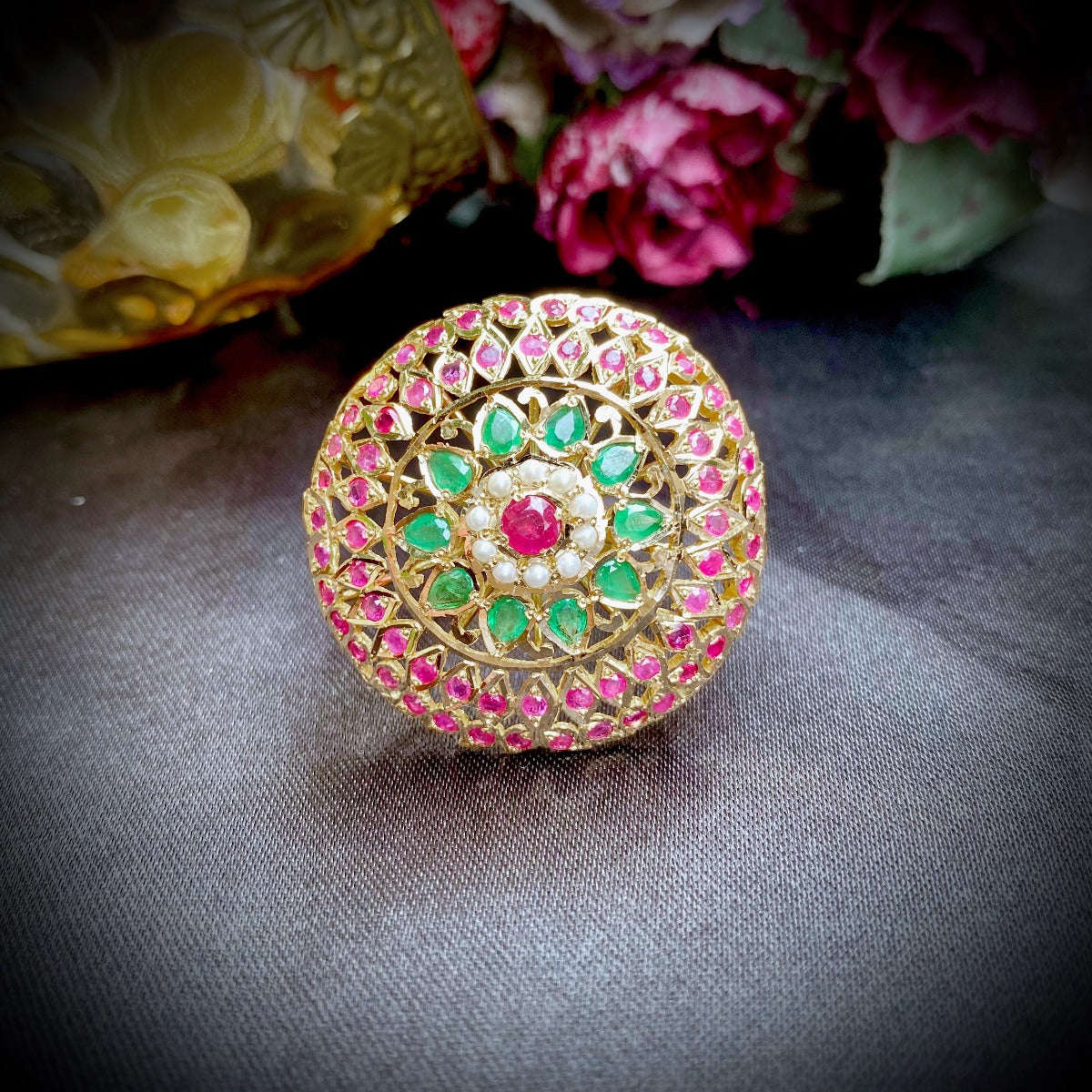 Jadau Cocktail Ring with Precious Gemstones in 22ct Gold GLR 001