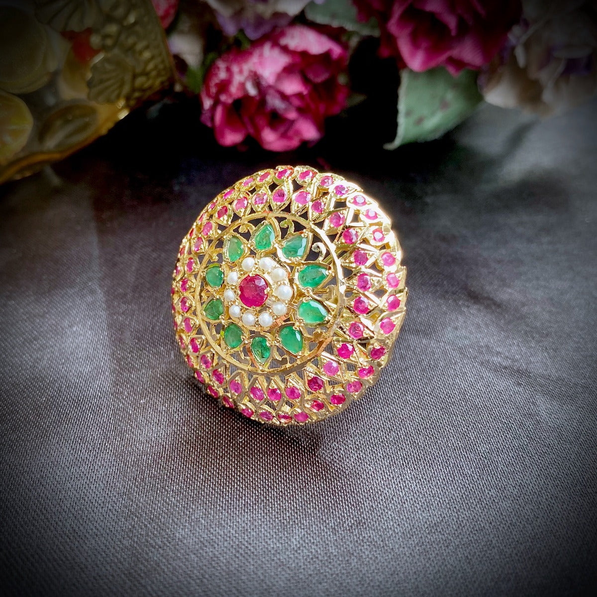 Jadau Cocktail Ring with Precious Gemstones in 22ct Gold GLR 001