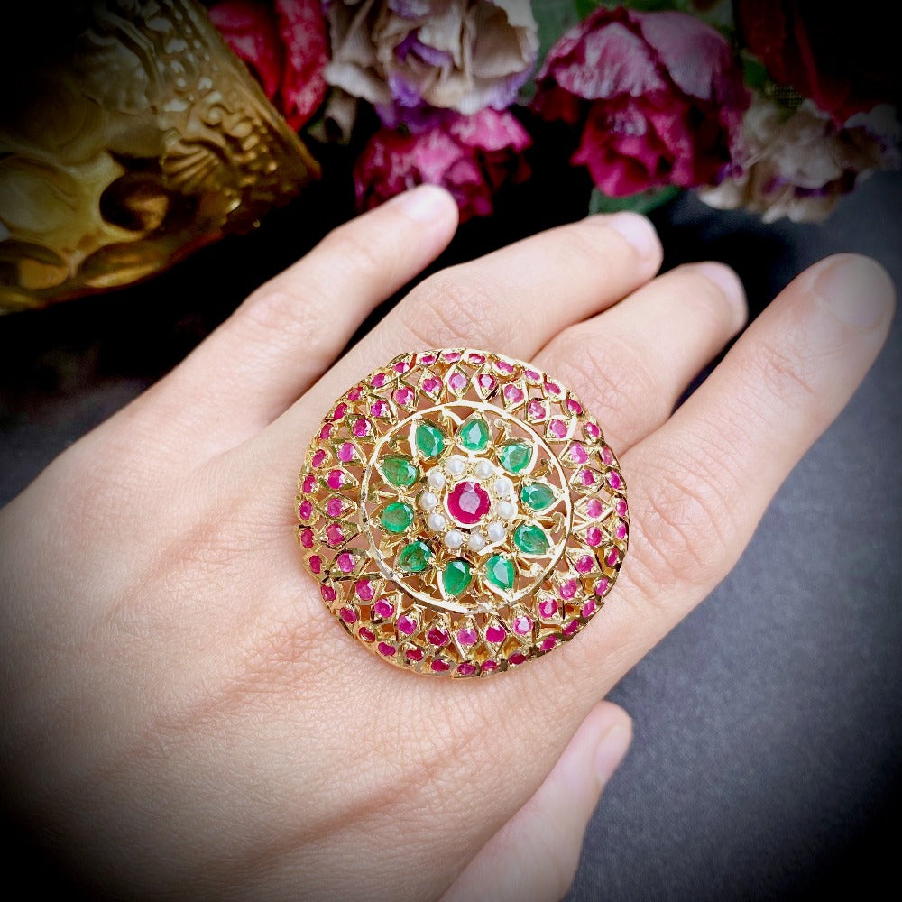 Jadau Cocktail Ring with Precious Gemstones in 22ct Gold GLR 001