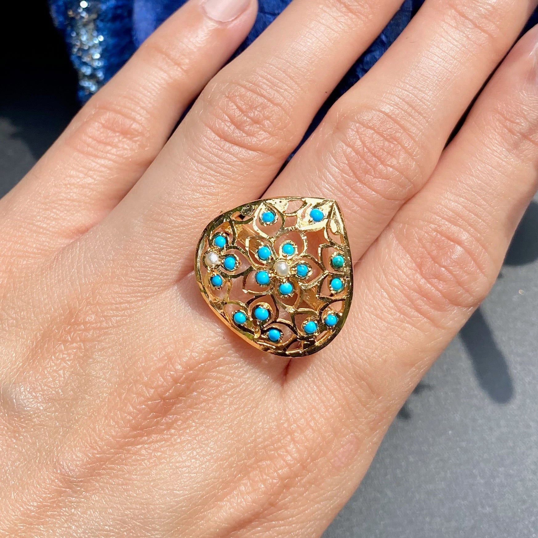 Sterling Silver with Gold Plating | Turquoise Pearl Cocktail Ring | LR 037