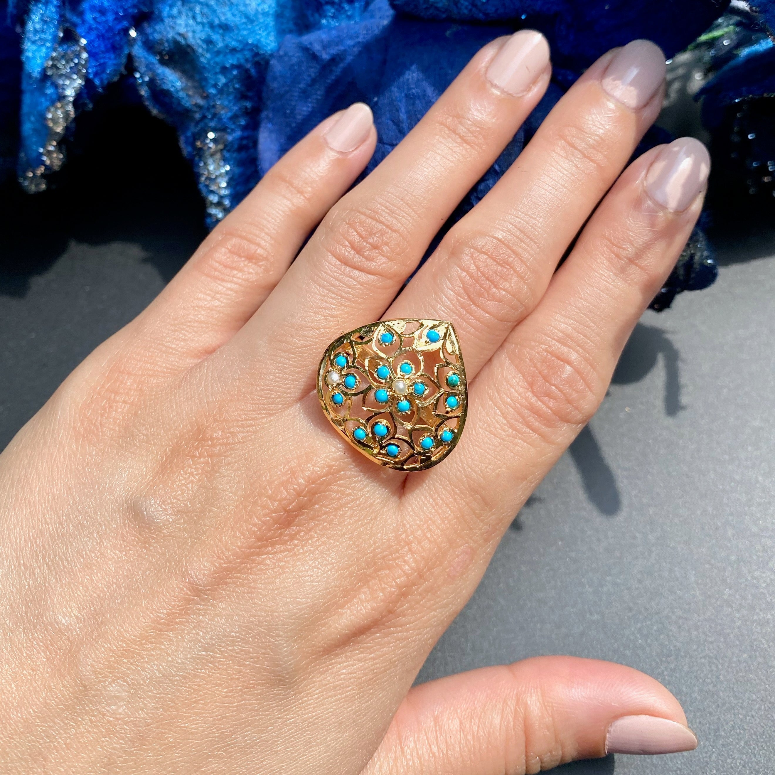 Sterling Silver with Gold Plating | Turquoise Pearl Cocktail Ring | LR 037