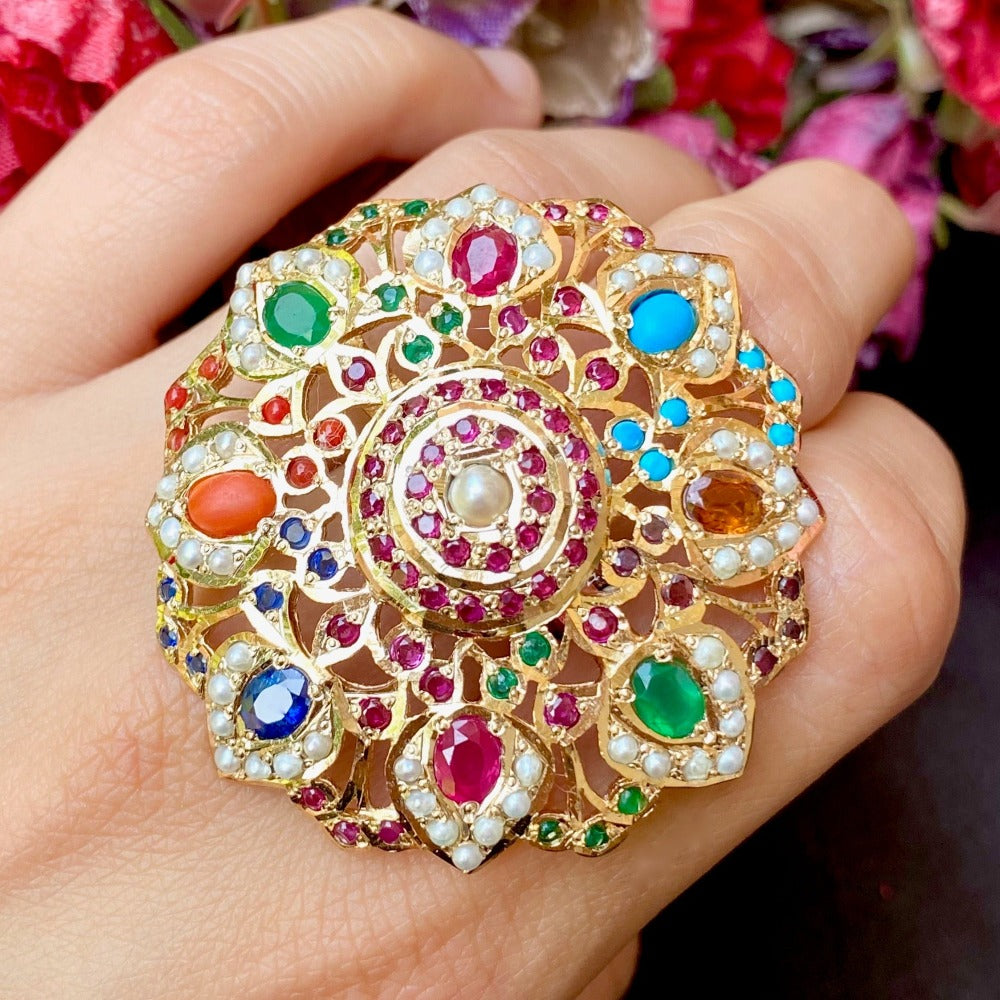 Navaratna 
silver gold plated cocktail ring