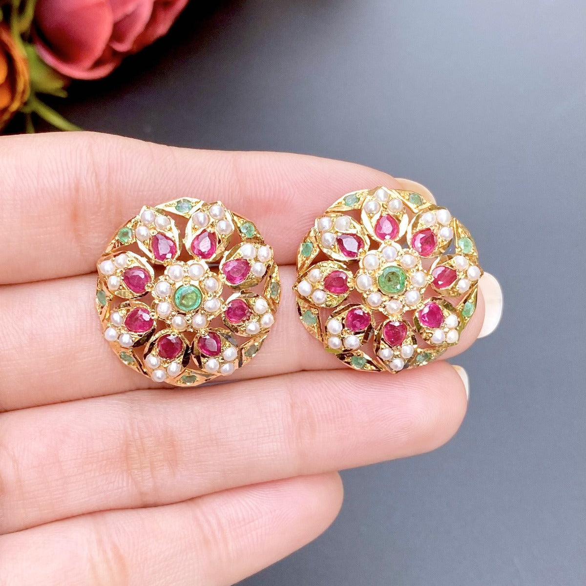 ruby emerald gold studs