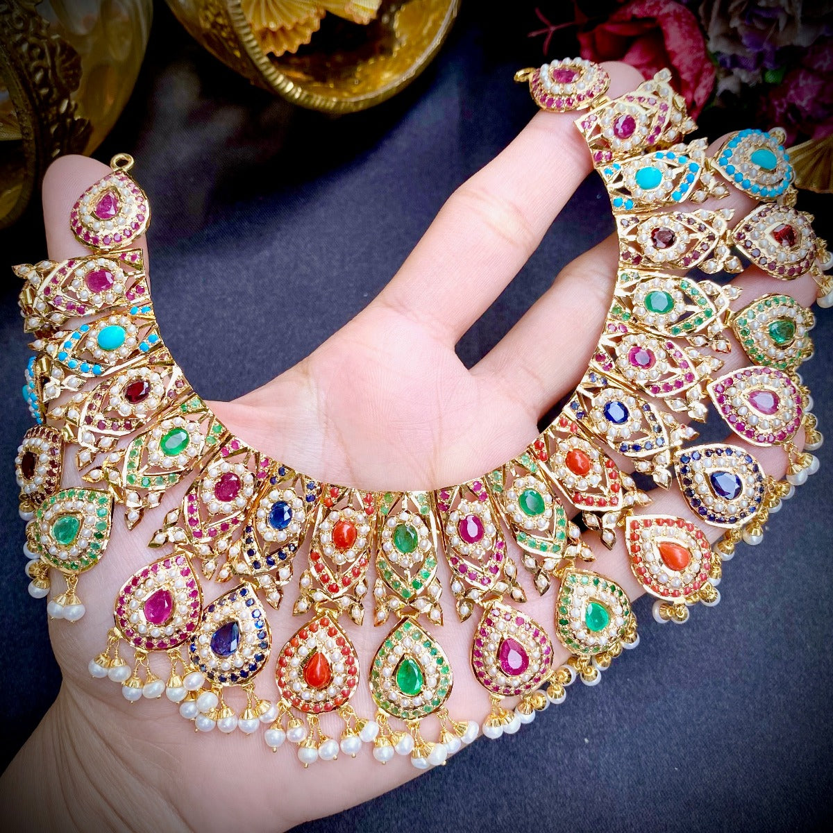 rajasthani gold necklace with navratna color stones