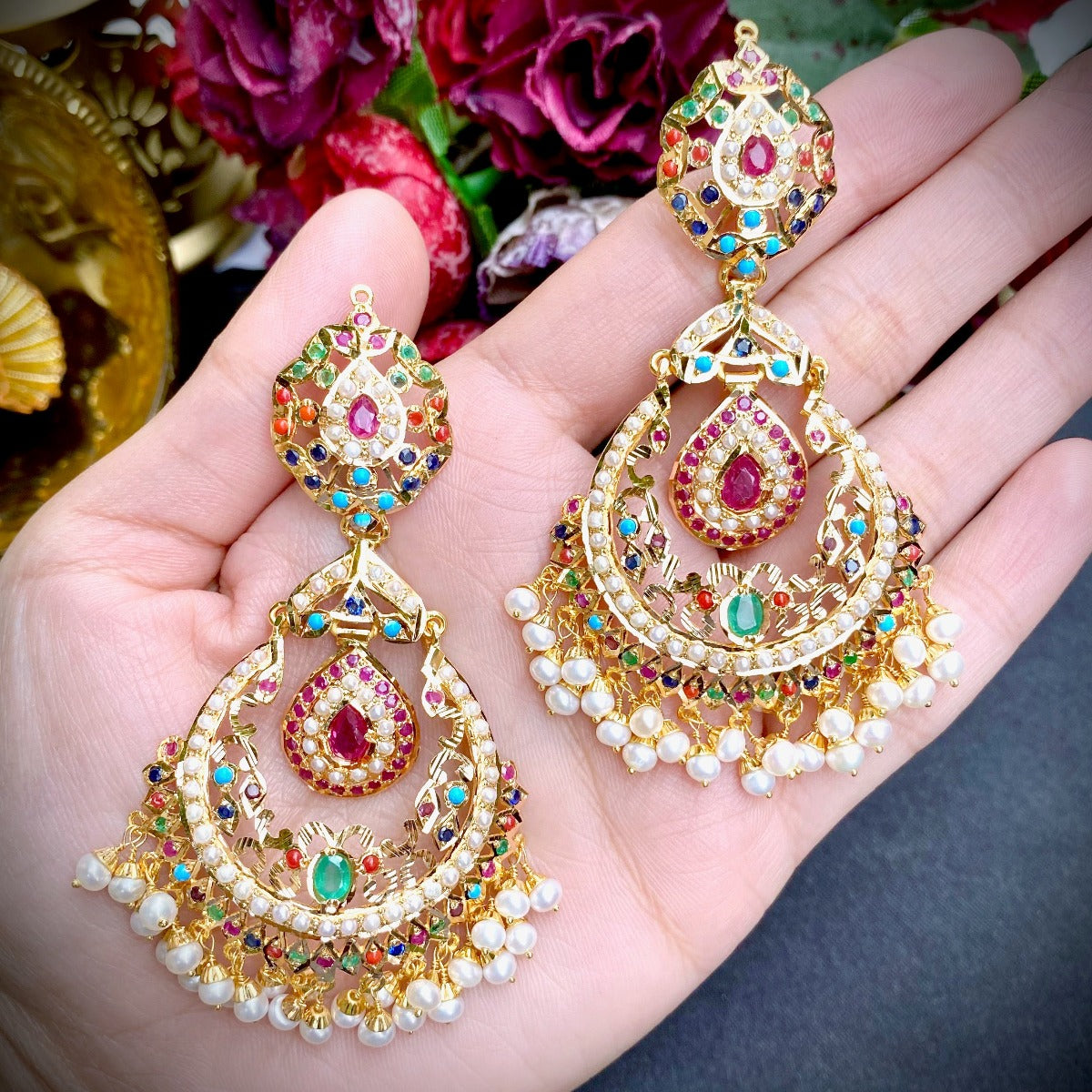 rajasthani gold chandbalis with navratna stones