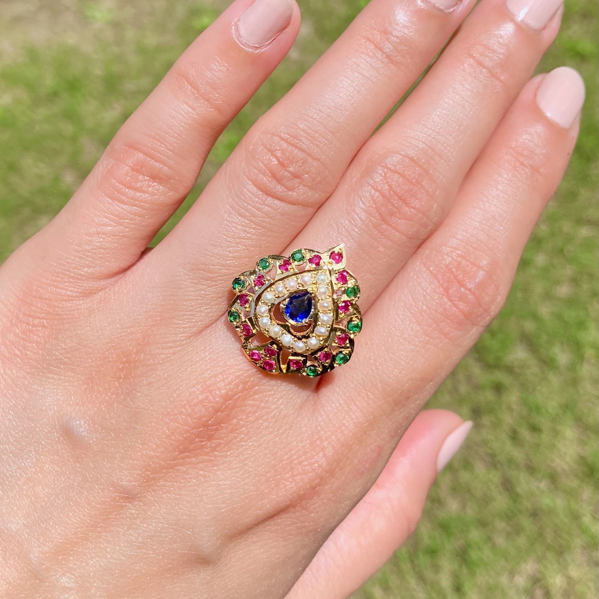 Multicoloured Jadau Ring | Gold Plated Silver Rings for Women | LR 054