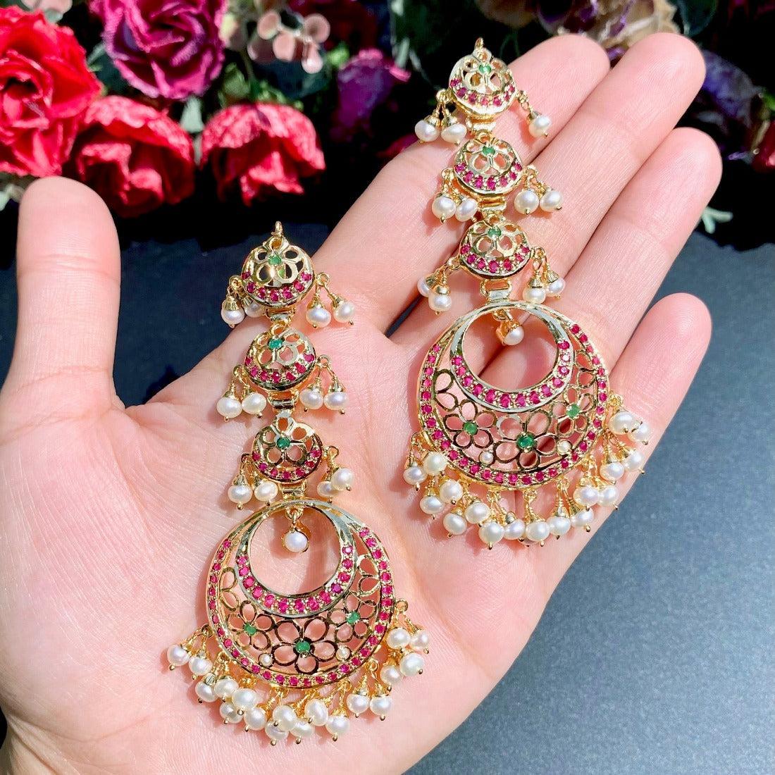 long gold plated chandbali danglers