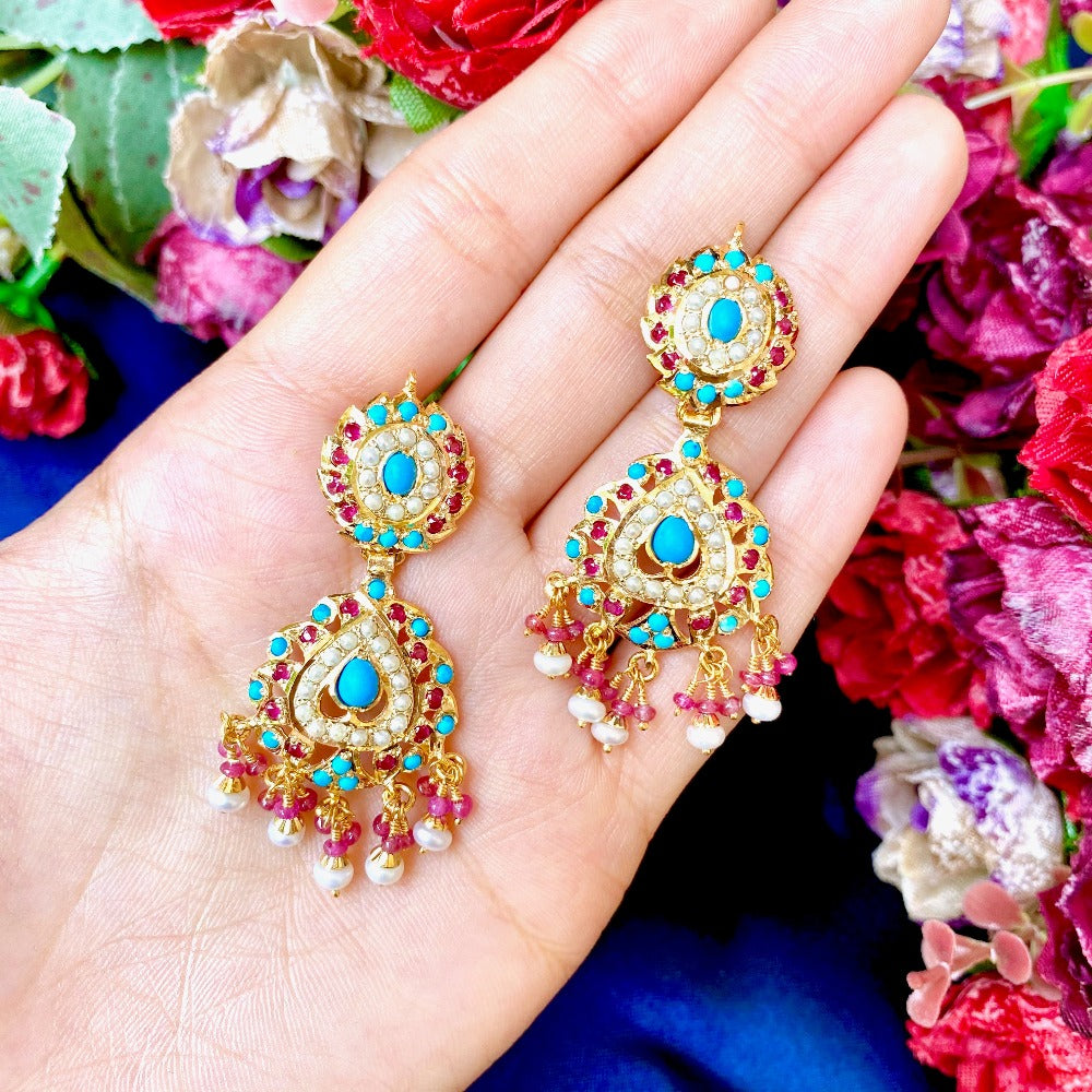 Multicolored Jadau Earrings in Gold Plated Silver ER 235