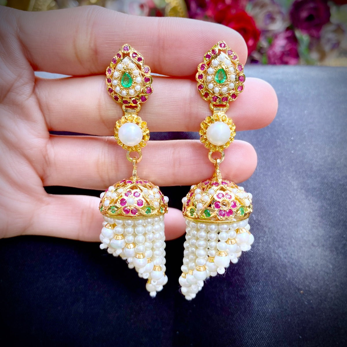 Jadau Jhumki & Pearl Strands in 22k Gold GER 009