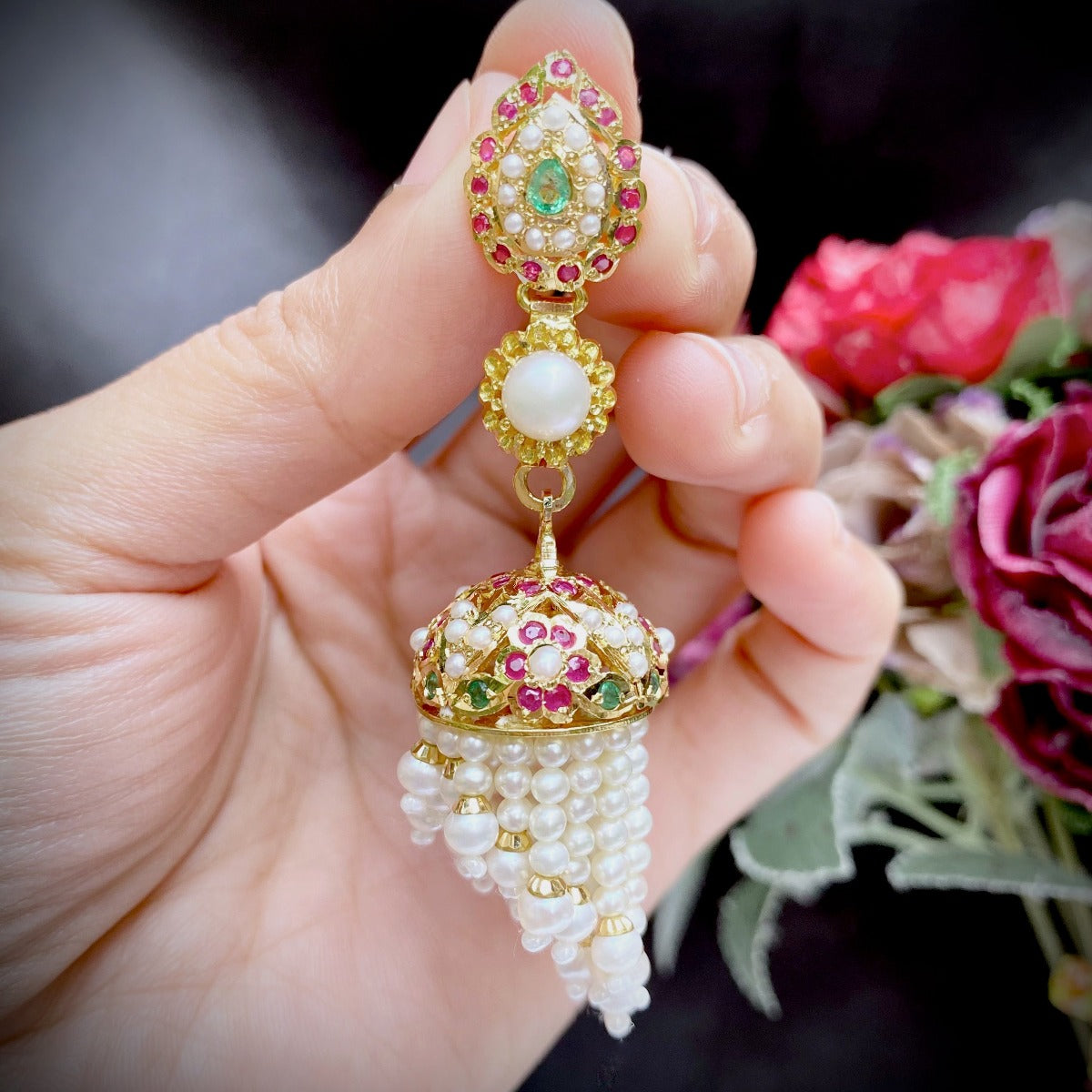 Jadau Jhumki & Pearl Strands in 22k Gold GER 009