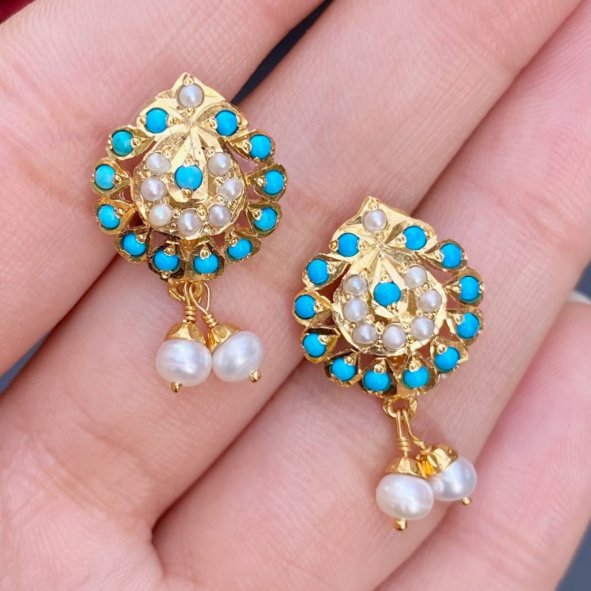 Pearl & Feroza Pendant Earrings Set | Gold Plated Silver Jadau Set PS 086