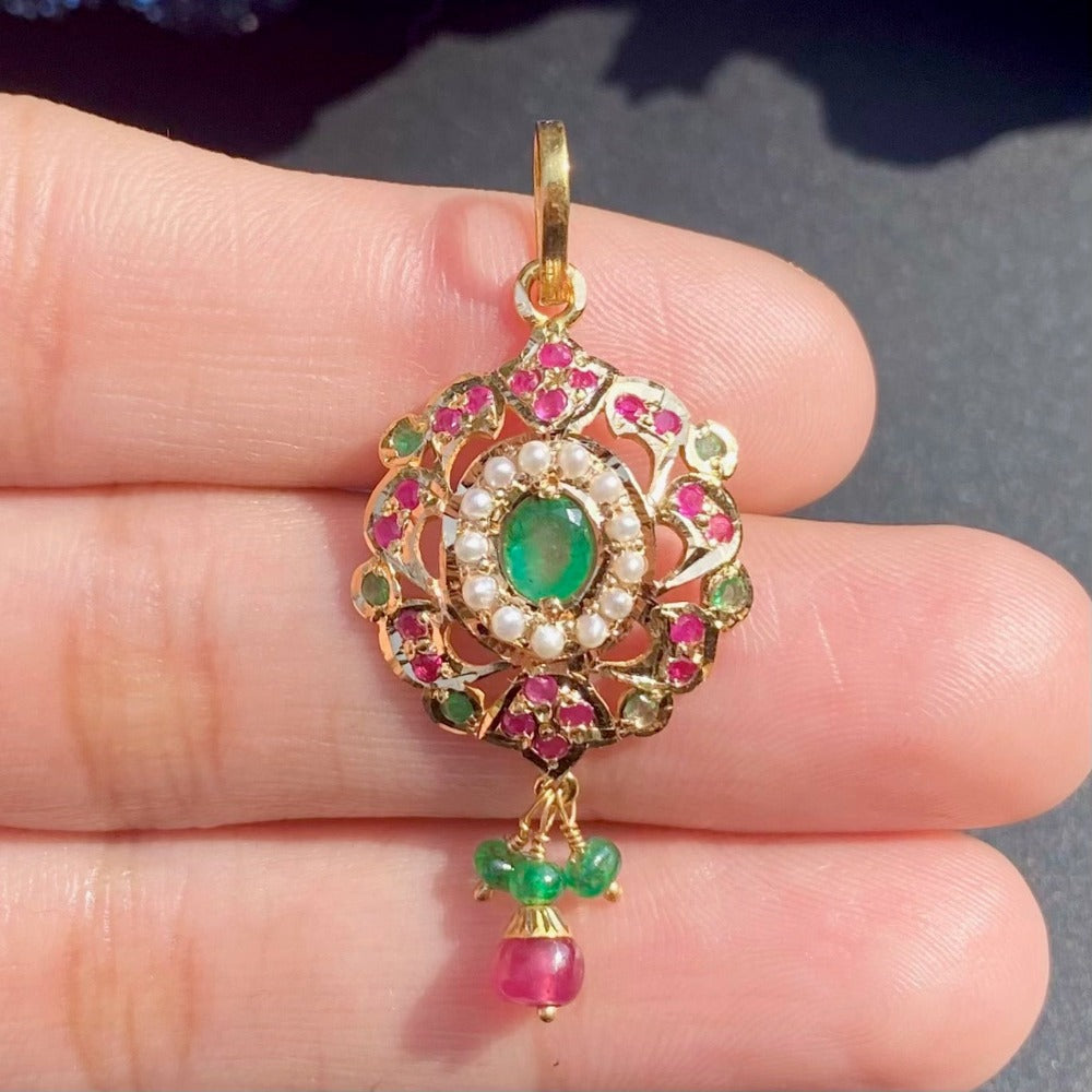 Delicate Pendant Only in 22k Gold Studded with Rubies, Emeralds and Pearls GP 004